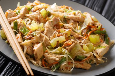 Serving filipino rice noodle bihon with vegetables and meat clos