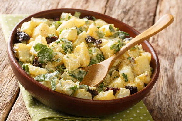 Traditioneller marokkanischer Kartoffelsalat mit Kräutern, Gewürzen und getrockneten — Stockfoto