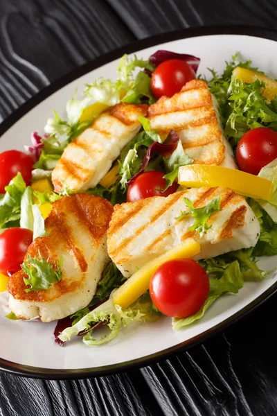 Mediterranean salad with grilled halloumi cheese with tomatoes, — Stock Photo, Image