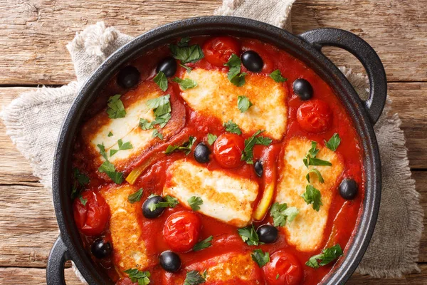 Queijo tradicional Halloumi com tomates, pimentas, azeitonas em um — Fotografia de Stock