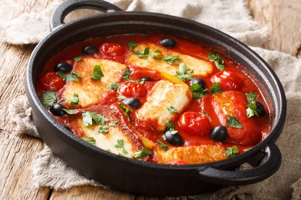 Queso Halloumi tradicional con tomates, pimientos, aceitunas en un — Foto de Stock