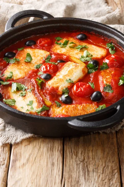 Mediterranean baked Halloumi with tomatoes, peppers, olives in a — Stock Photo, Image