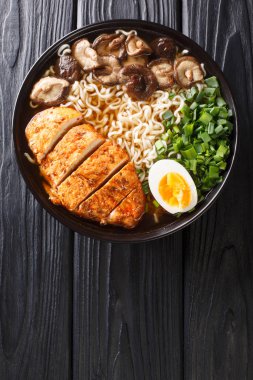 Lezzetli erişte çorbası, tavuk, shiitake, yumurta ve otlar masanın üstünde yakın plan. Yukarıdan dikey üst görünüm