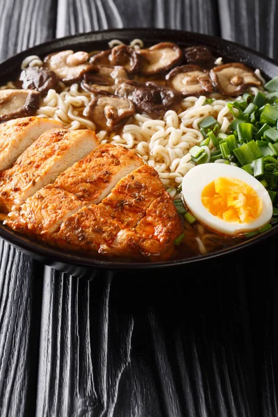 Sup Mie Asia Dengan Ayam Jamur Telur Dan Herbal Close — Stok Foto