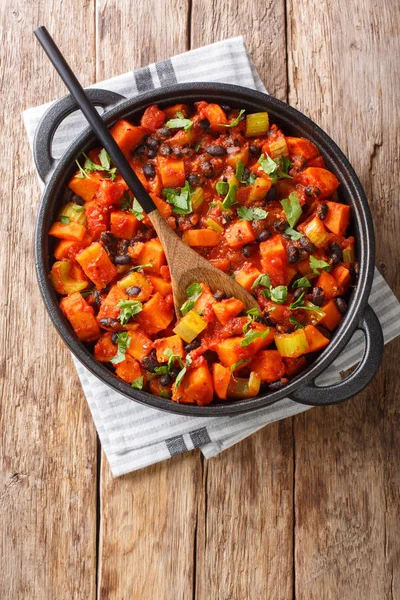 Chili Frijol Negro Camote Frito Vegetariano Con Tomates Cerca Una — Foto de Stock