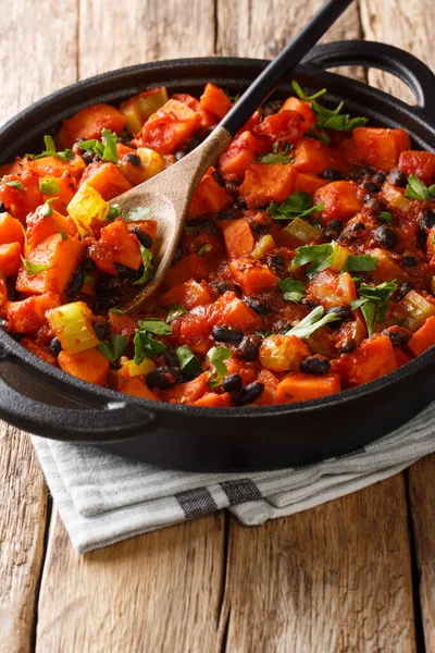 Vegetarian Fried Sweet Potato Black Bean Chili Tomatoes Close Pan — Stock Photo, Image