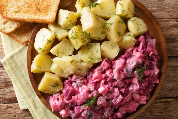 Herring Salad Beets Onions Apples Pickled Side Dish Boiled Potatoes — Stock Photo, Image