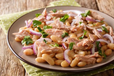 Masadaki tabakta ton balığı ve beyaz fasulye salatası. yatay