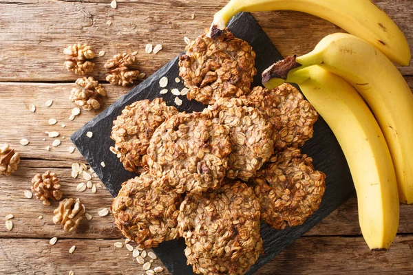 Homemade Low Calorie Banana Cookies Oatmeal Walnuts Close Slate Board — Stock Photo, Image