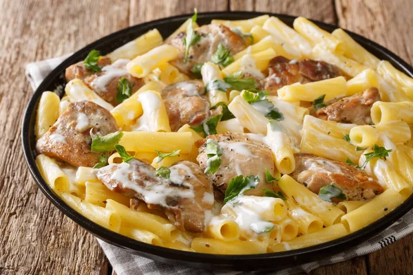 Tortiglioni Pasta Casera Con Pollo Salsa Crema Queso Con Hierbas — Foto de Stock