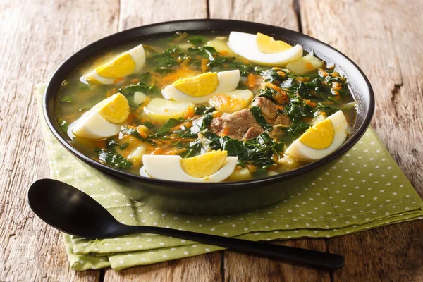 Συνταγή Για Μια Υγιεινή Σούπα Σπανάκι Πατάτες Καρότα Αυγά Και — Φωτογραφία Αρχείου