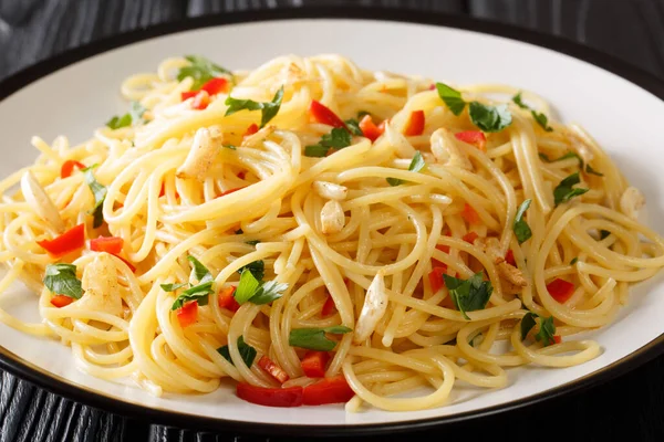 Spaghetti Aglio Olio Italiano Para Espaguetis Con Ajo Aceite Plato — Foto de Stock