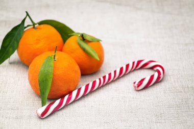 Noel arka plan. Şeker kamışı ve mandalina 