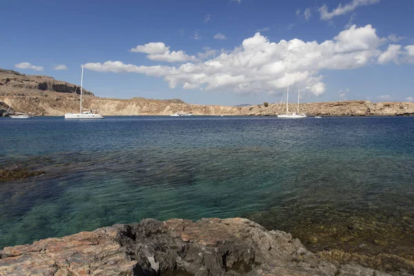 Panoramiczny Widok Zatokę Lindos Rodos Grecja — Zdjęcie stockowe