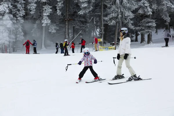 20 JANUARY 2020, BOROVETS SKI RESORT, BULGARIA: People skiing on the slopes. — Stok fotoğraf