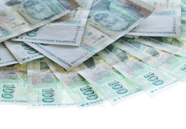 100BGN, Gıcır gıcır 100 Bulgar Levs beyaza izole edildi. Bulgar Ulusal Para Birimi. Metinde: Bulgar Ulusal Bankası 