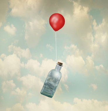 Surreal image representing a glass bottle with a stormy sea inside carried by a red balloon flying in the clouds clipart