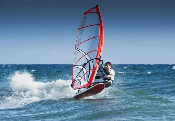 Adult Extreme Athlet Windsurfing Board Tarifa Cadiz Andalusia Spain — Stock Photo, Image