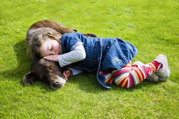 Mała dziewczynka Asleep na psa — Zdjęcie stockowe