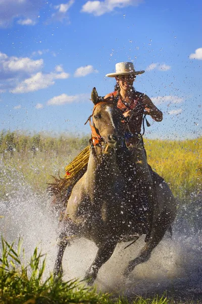 Žena na koni kůň — Stock fotografie