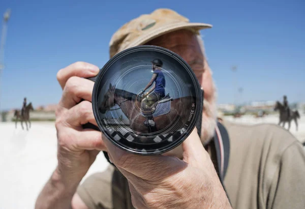 Man Holds Camera Reflection Young Woman Sitting Horse Lens Mijas — Stock Photo, Image