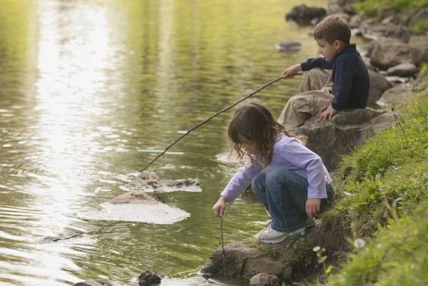 Duas Crianças Caucasianas Brincando Lagoa Com Paus — Fotografia de Stock