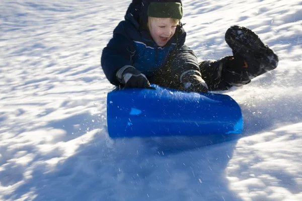 Cute Caucasian Young Boy Sledding Snow — Stock Photo, Image