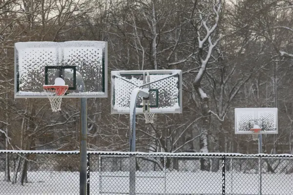 Basketball Hoops Park Snow Storm Boston Common Boston Suffolk County — Stock Photo, Image