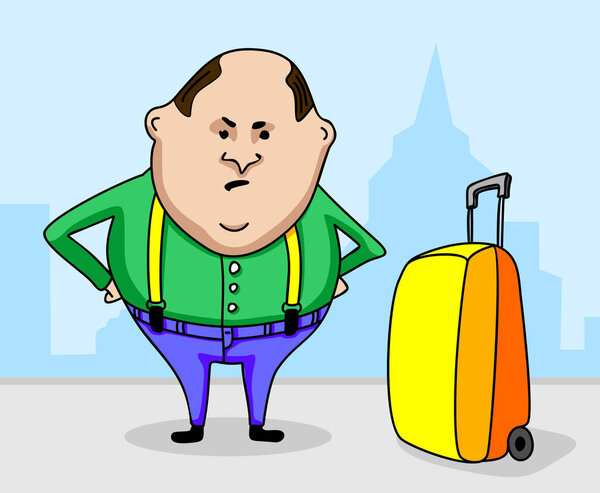 Dissatisfied tourist with a suitcase in the city