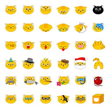 Dizi karikatür tarzı, beyaz arka plan üzerinde izole emoji kedi ifadeleri