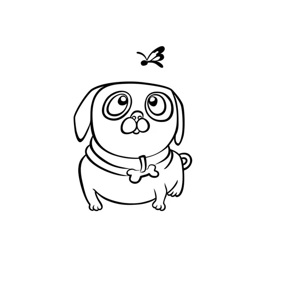 Feliz perro de dibujos animados mirando mariposa aislada sobre un fondo blanco. Ilustración vectorial — Vector de stock
