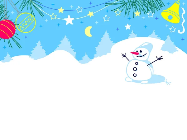 Weihnachtskarte mit einem Schneemann im verschneiten Wald — Stockvektor