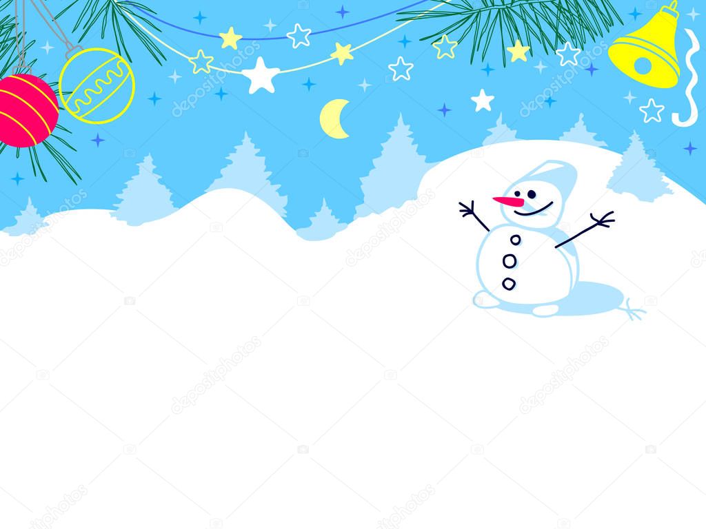 Christmas card with a snowman standing in a snowy forest
