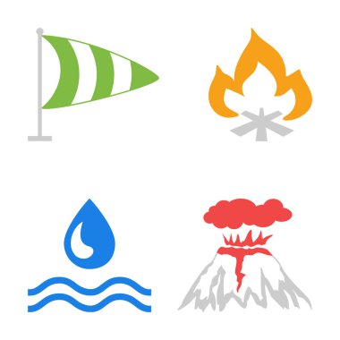 Vektör renkli simgeler doğal afetler ile ayarlayın. Tehlikeleri dört element: ateş, hava, su ve toprak, konut sigortası dikkate alınır