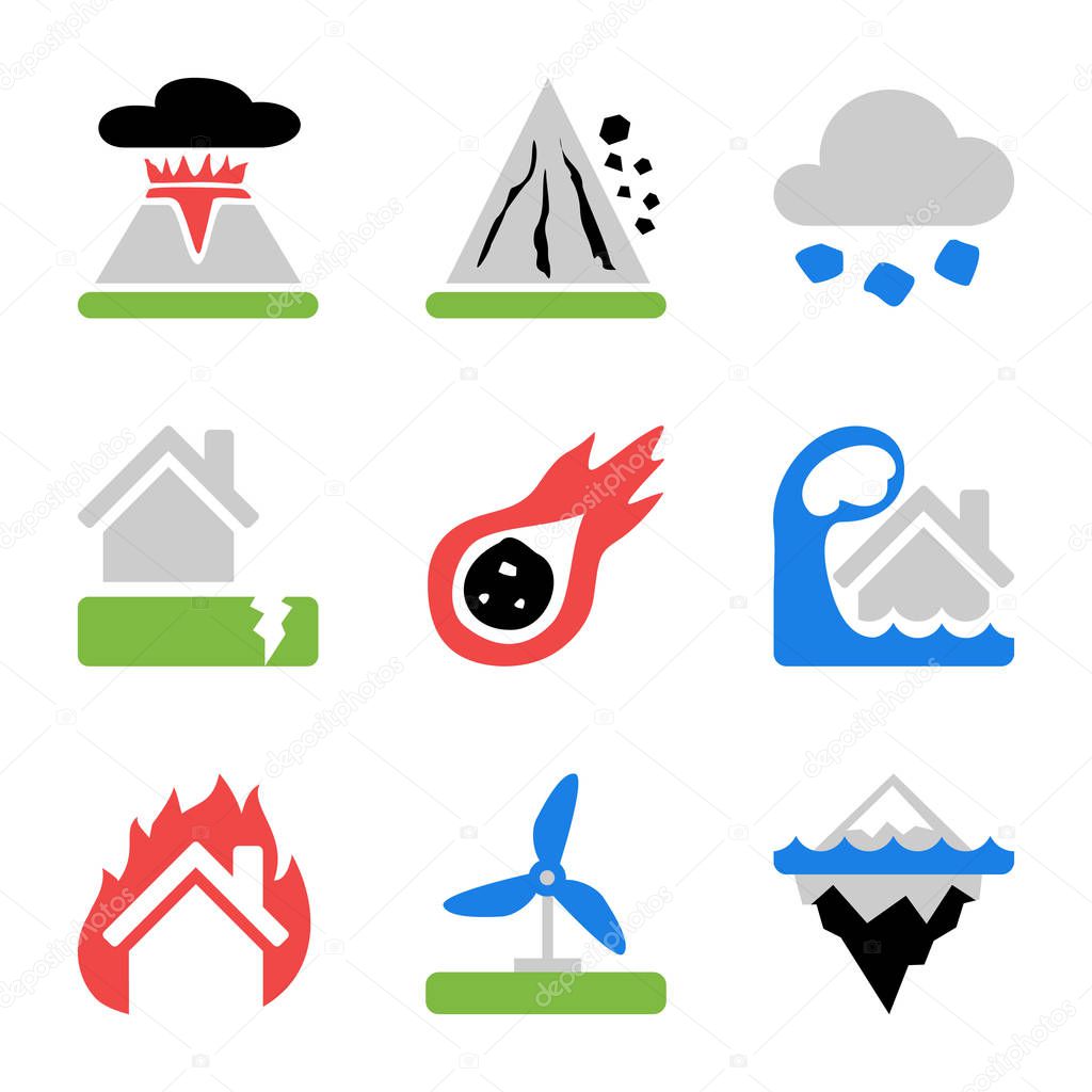 Vector colorful icons set with risks and dangers from natural disasters, which are taken into account in the insurance of housing