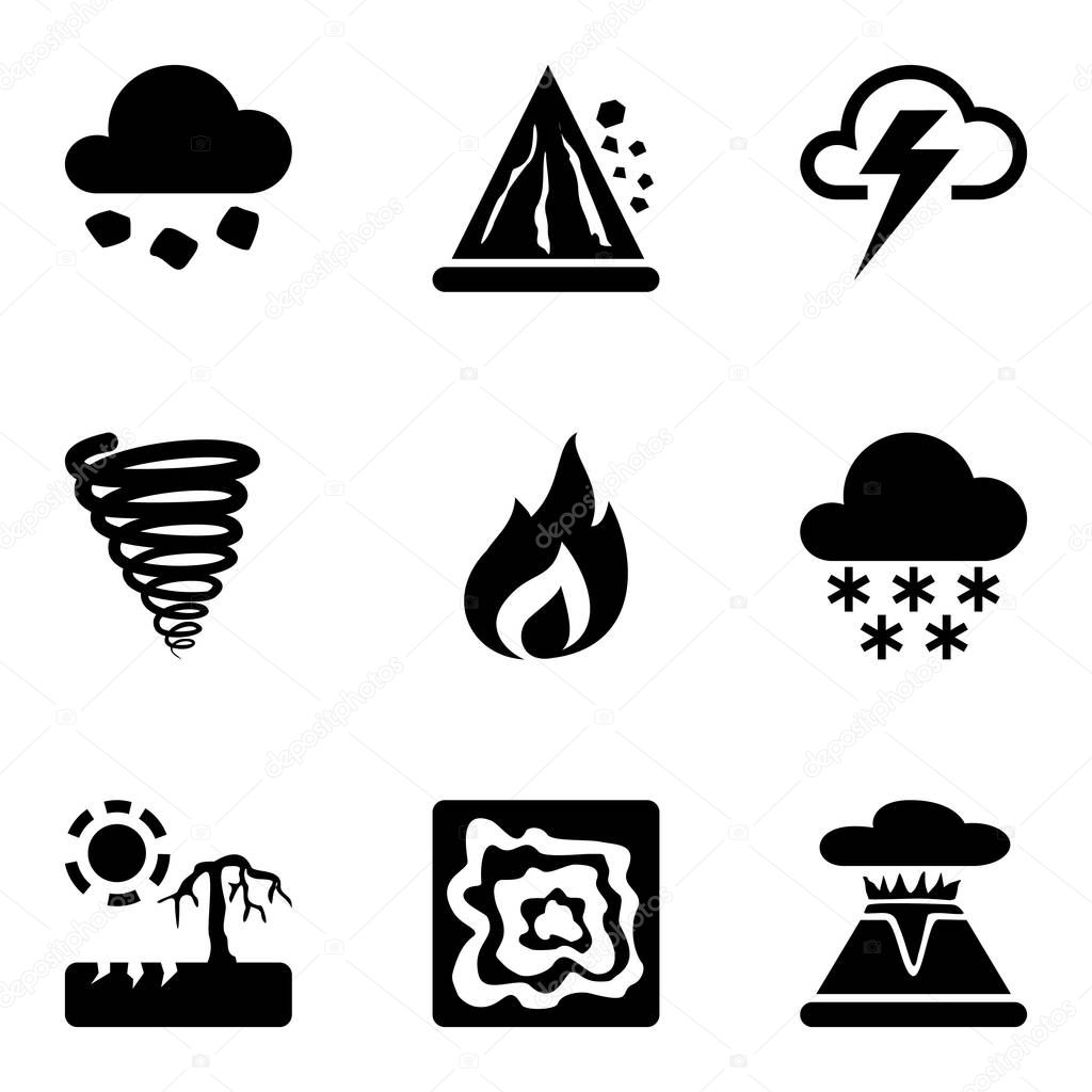 Vector black icons set with risks and dangers from natural disasters, which are taken into account in the insurance of housing