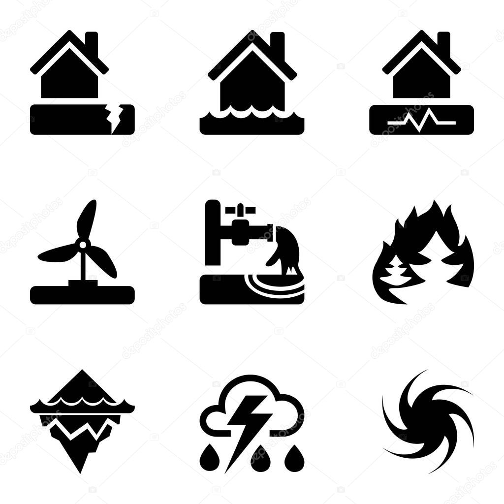 Vector black icons set with risks and dangers from natural disasters, which are taken into account in the insurance of housing