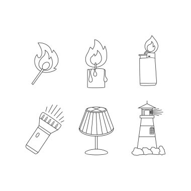 Işık simgeler kümesi: maç, mum, çakmak, el feneri, Masa lambası, deniz feneri