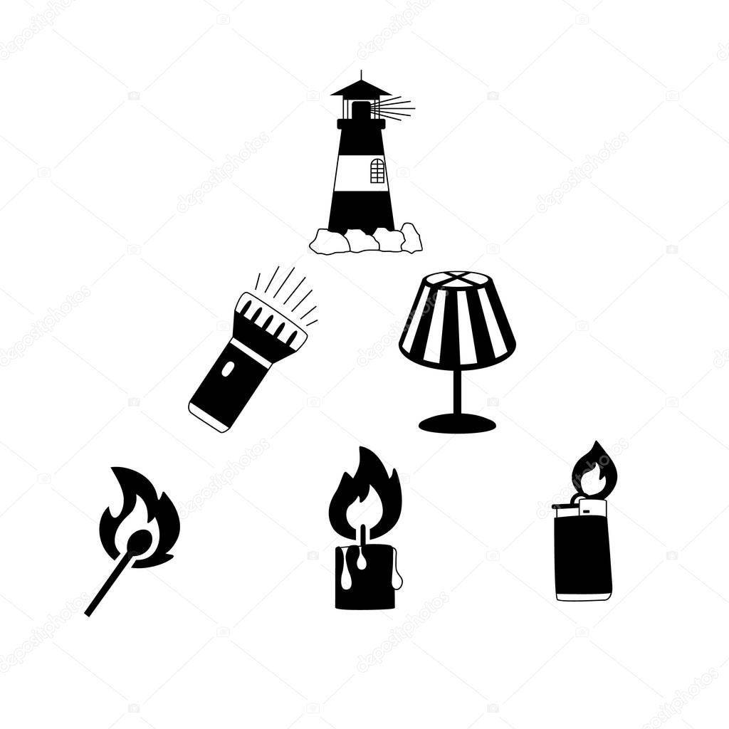 Set of light icons: match, candle, lighter, flashlight, table lamp, lighthouse