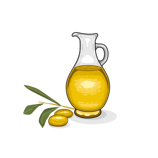 Botella de vidrio de aceite de oliva y rama de aceitunas sobre fondo blanco aislado — Vector de stock