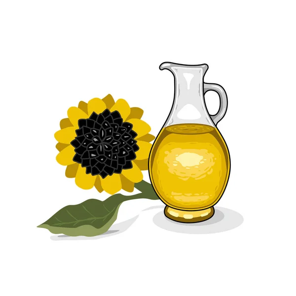 Glasflasche mit Sonnenblumenöl und Sonnenblumenzweig auf isoliertem weißem Hintergrund — Stockvektor