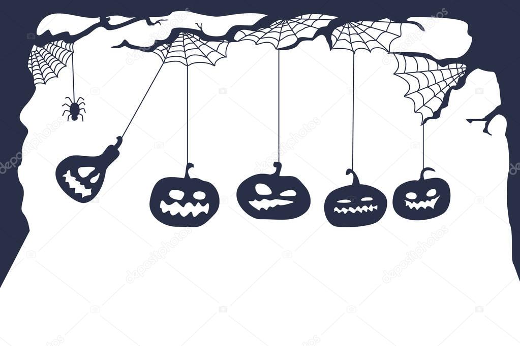 Pendulum pumpkins hanging on a cobweb. Halloween background.