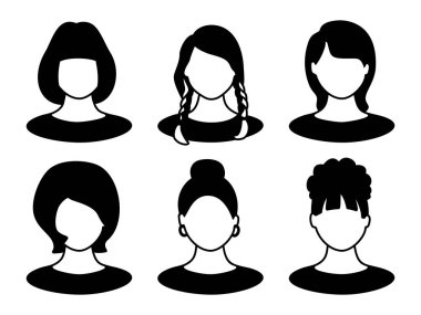 Güzel genç kadın yüzleri avatar için beyaz arka plan üzerinde set. İzole arka yüzündeki farklı kadın koleksiyonu.