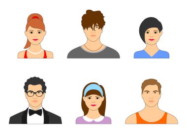 Karikatür yüzler avatar için kadın ve erkek kümesi. İzole arka plan üzerinde erkek ve kadın yüzleri topluluğu.