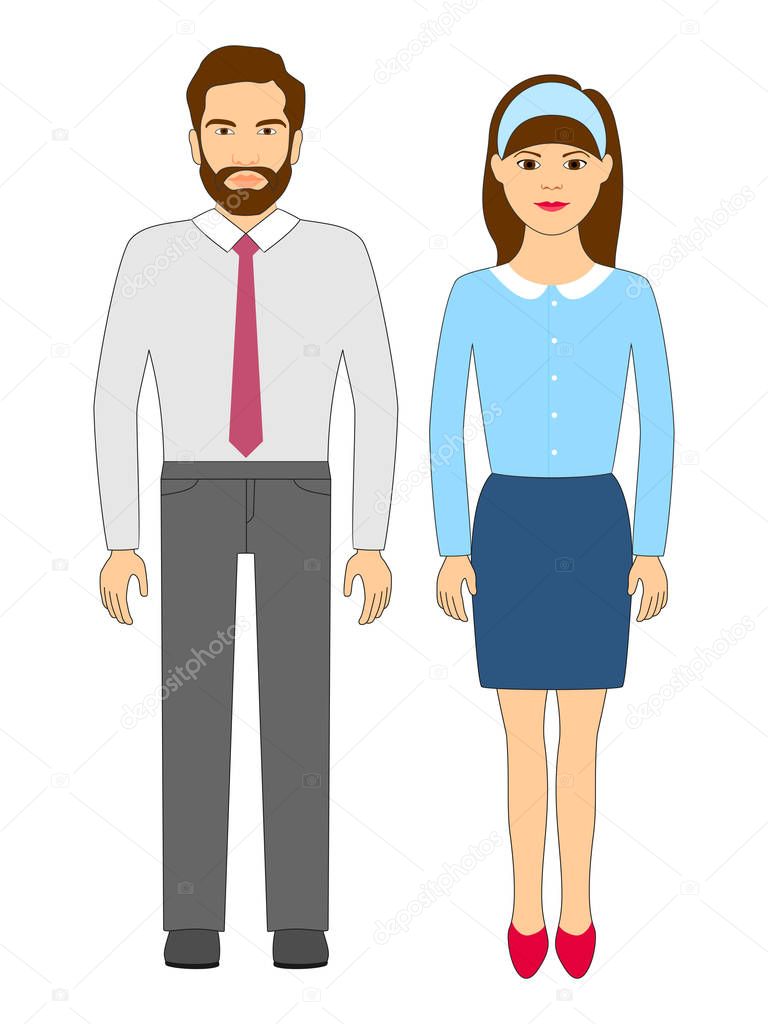 Business people. Young man and woman wearing office clothes. Vector illustration in cartoon style on isolated background
