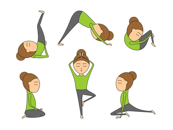 Vektör yoga pozlar sağlık ve esneklik için set. Kadın yoga egzersizleri sınıfının veya stüdyo. Vektör çizim karikatür tarzı izole beyaz zemin üzerine