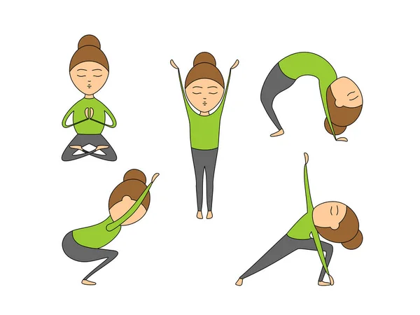 Yoga asanas kümesi. Kadın yoga egzersizleri sınıfının veya stüdyo. Vektör çizim karikatür tarzı izole beyaz zemin üzerine