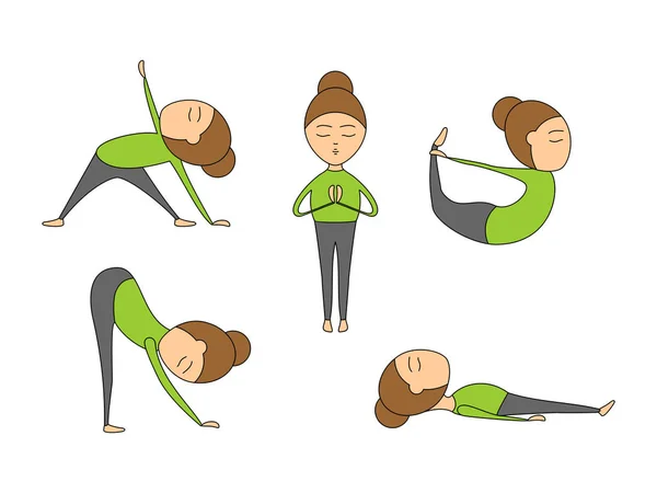 Vektör toplama yoga sağlık ve esneklik için poz veriyor. Kadın yoga egzersizleri sınıfının veya stüdyo. Vektör çizim karikatür tarzı izole beyaz zemin üzerine