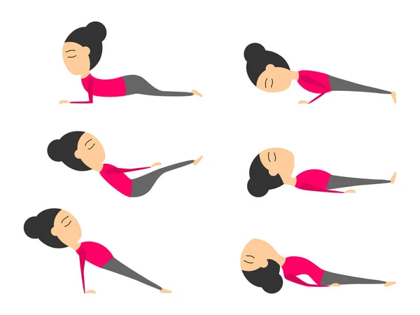 Vektör yoga pozlar sağlık ve esneklik için set. Kadın yoga egzersizleri sınıfının veya stüdyo. Vektör çizim karikatür tarzı izole beyaz zemin üzerine