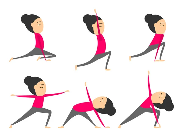 Vektör yoga pozlar sağlık ve esneklik için set. Yoga asanas topluluğu. Kadın yoga egzersizleri sınıfının veya stüdyo. Vektör çizim karikatür tarzı izole beyaz zemin üzerine
